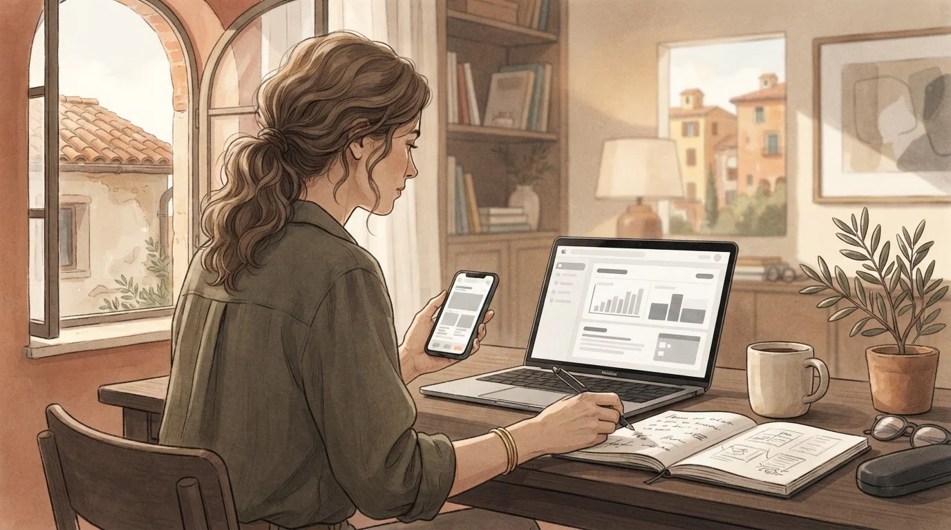 Illustrazione editoriale di un lettore italiano che confronta un casinò online su computer e smartphone