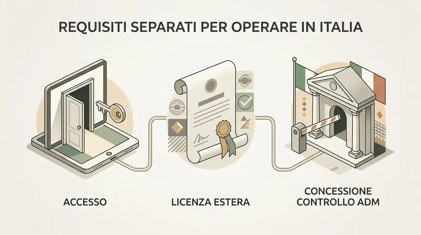 Schema editoriale che separa accettazione operativa, licenza di Anjouan e concessione ADM